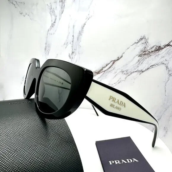 New PRADA Sunglasses Black White Talc Gold Symbole Oval Cat Eye Womens - Picture 7 of 16